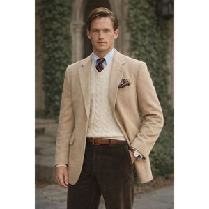 Vintage LeBow Clothes Mens Beige Cashmere Blazer Sport Coat Jacket Size 46L